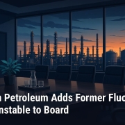 FFP illustration of an empty boardroom overlooking a refinery skyline at dusk
